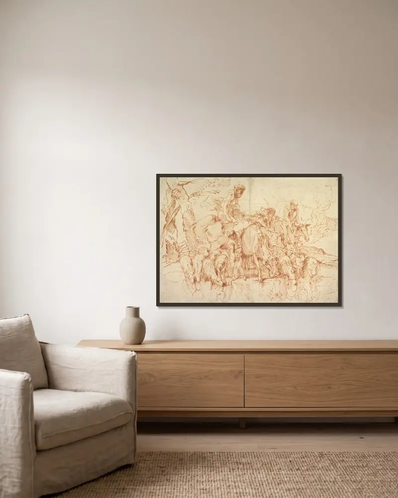 Hirtenwanderung mit Herden an einem Bach von Giovanni Benedetto Castiglione gerahmt an einer Wand