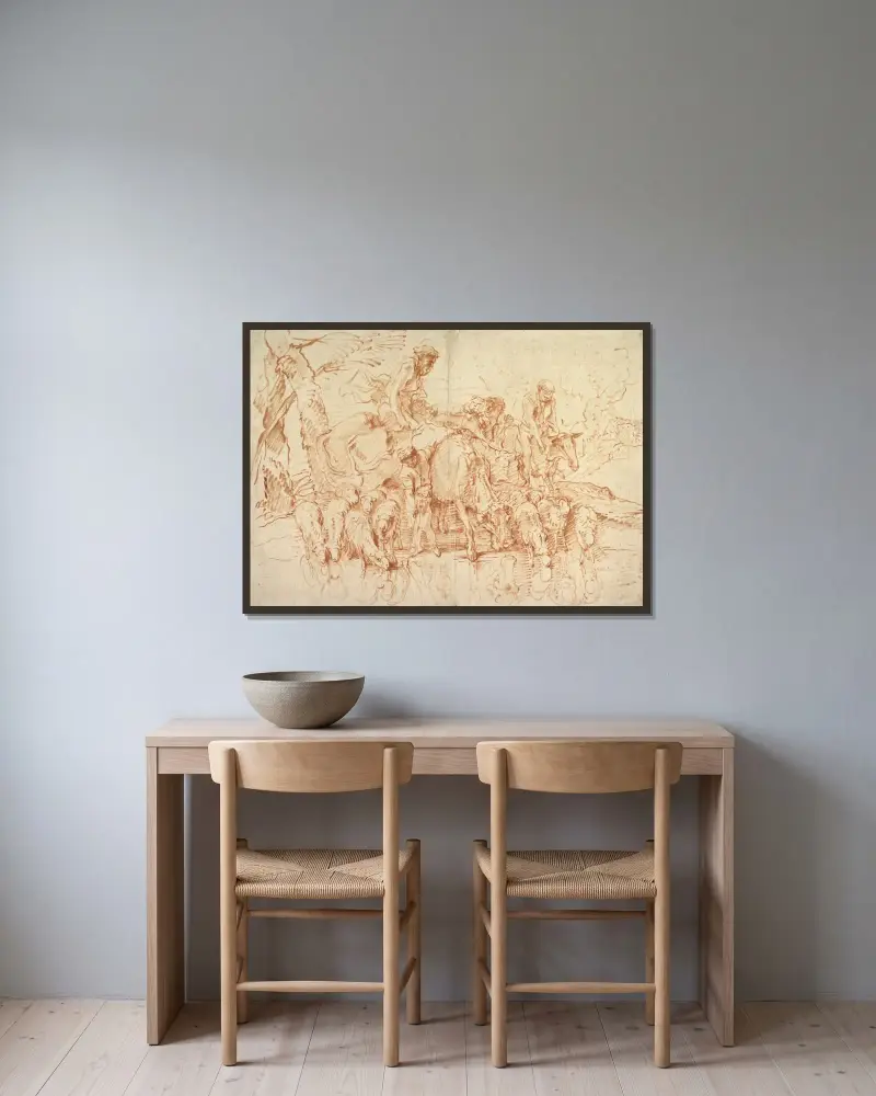 Hirtenwanderung mit Herden an einem Bach von Giovanni Benedetto Castiglione gerahmt an einer Wand