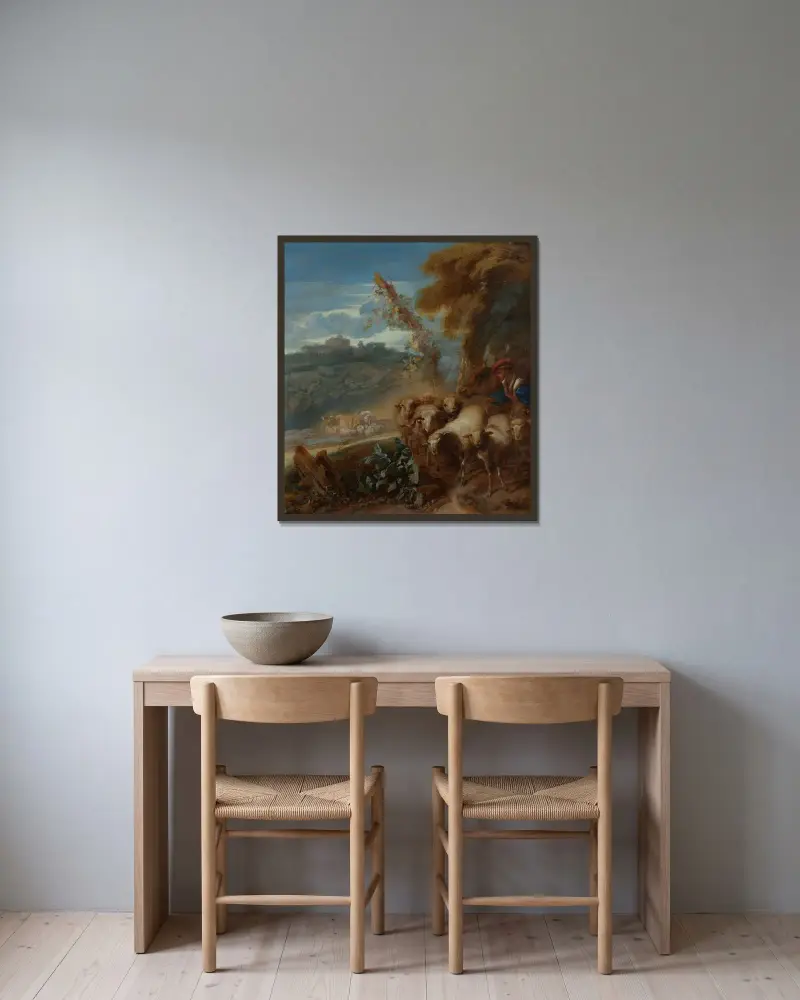 Romerskt landskap med herde och får av Giovanni Benedetto Castiglione inramad på en vägg