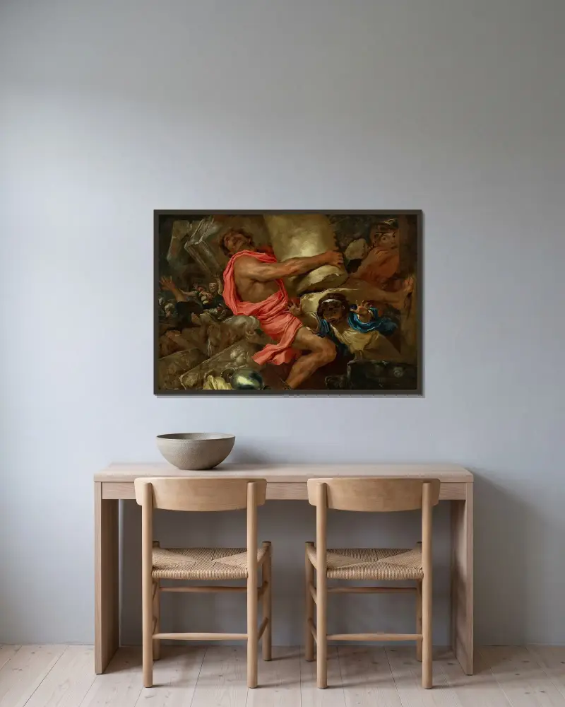 Simson förstör filistéernas tempel av Giovanni Benedetto Castiglione inramad på en vägg