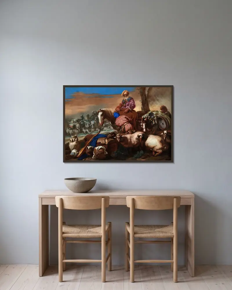 Der Eid von Abrahams Diener von Giovanni Benedetto Castiglione gerahmt an einer Wand