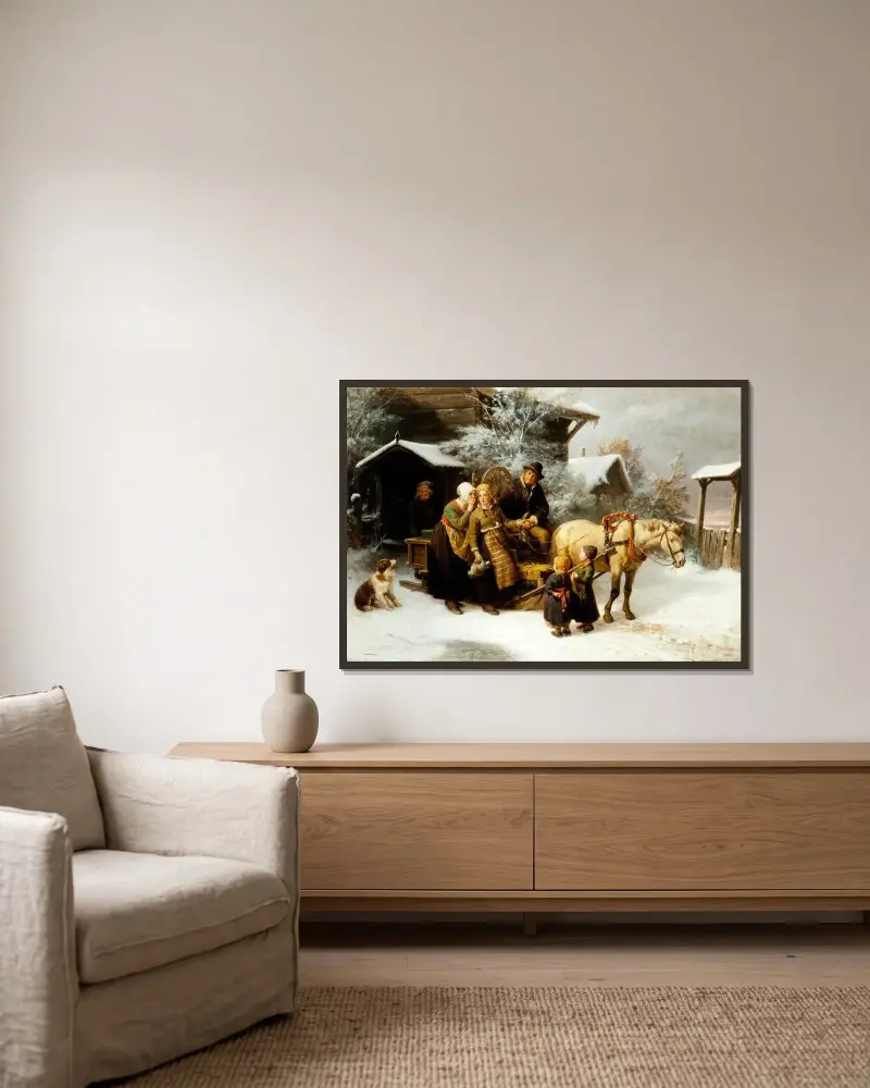 Leaving Home (Dalecarlian Scene) av Bengt Nordenberg inramad på en vägg