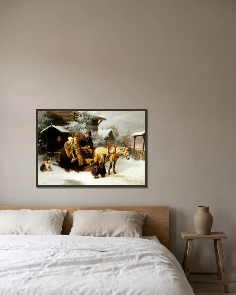 Leaving Home (Dalecarlian Scene) av Bengt Nordenberg inramad på en vägg