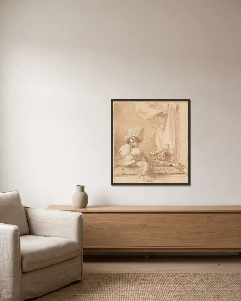 En mor och två barn av Benjamin West inramad på en vägg