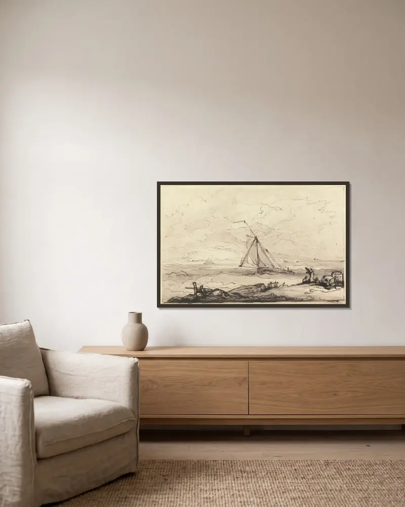 En stormby utanför en bergig kust av Benjamin West inramad på en vägg