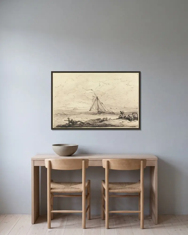 En stormby utanför en bergig kust av Benjamin West inramad på en vägg