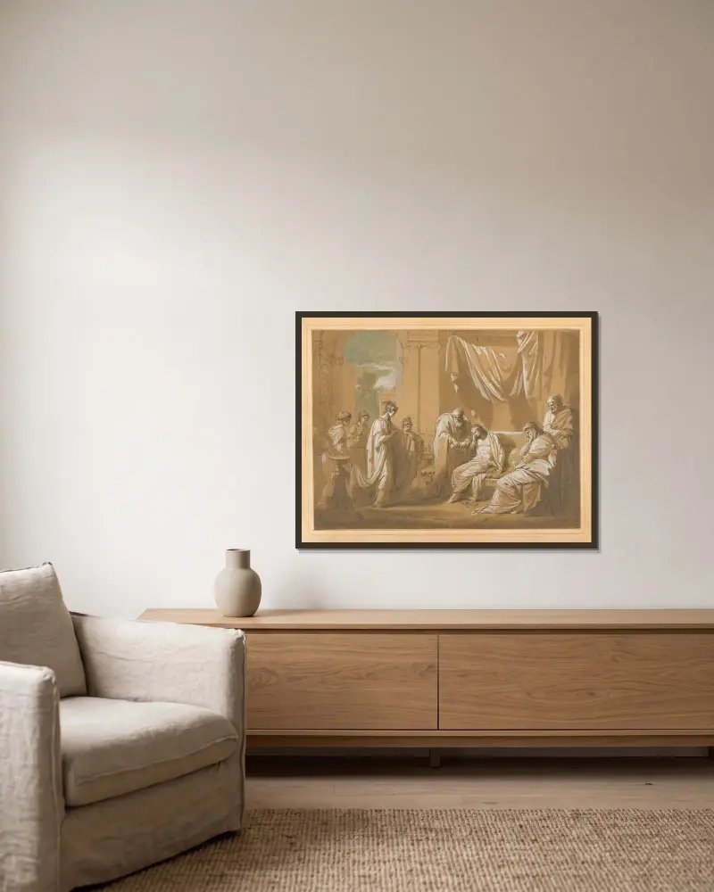 Antiochus och Stratonice av Benjamin West inramad på en vägg