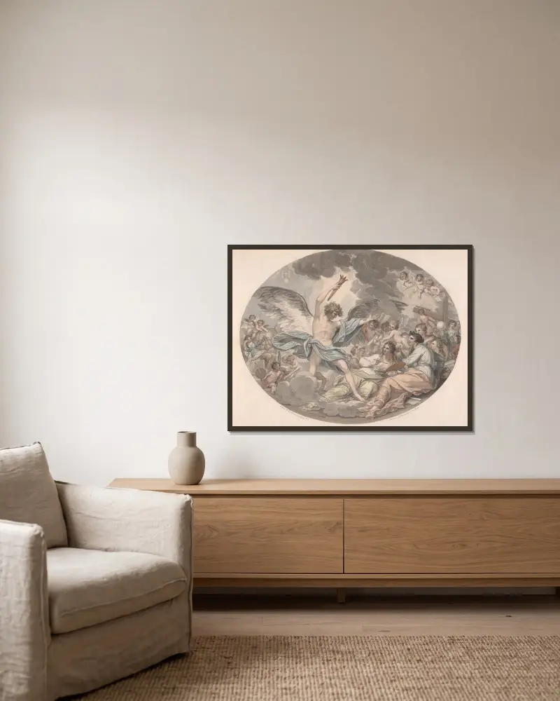 Apollo und die Musen von Benjamin West gerahmt an einer Wand