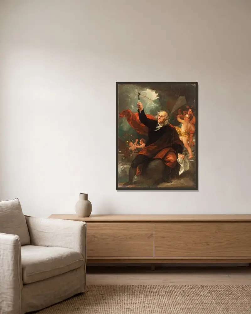 Benjamin Franklin Drawing Electricity from the Sky av Benjamin West inramad på en vägg