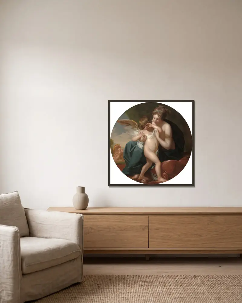 Cupid,Stung by a Bee, Is Cherished by his Mother av Benjamin West inramad på en vägg
