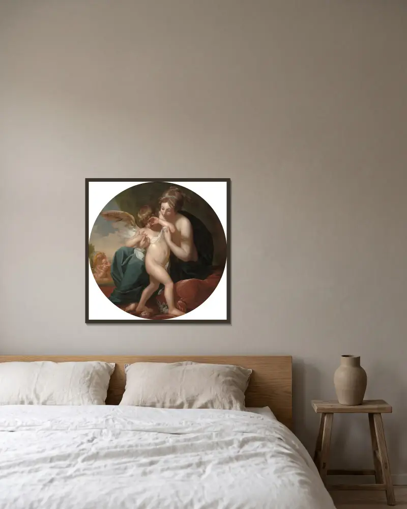 Cupid,Stung by a Bee, Is Cherished by his Mother av Benjamin West inramad på en vägg