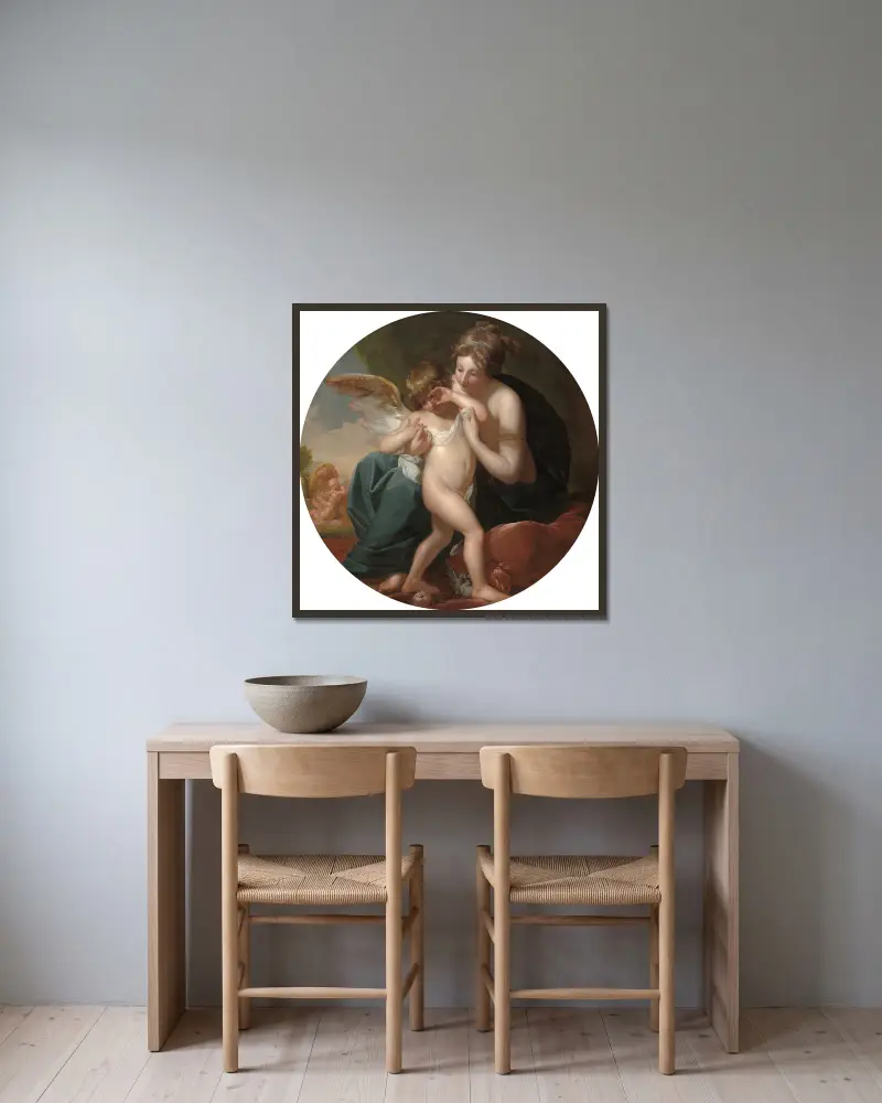 Cupid,Stung by a Bee, Is Cherished by his Mother av Benjamin West inramad på en vägg