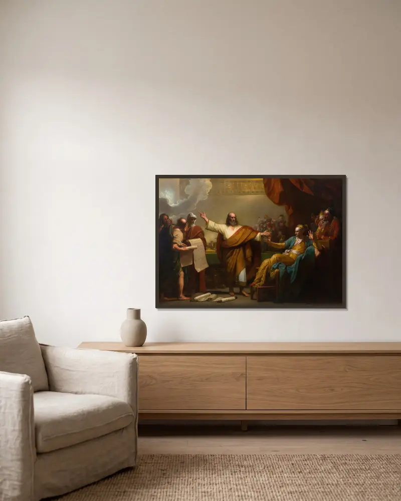 Daniel Interpreting to Belshazzar the Writing on the Wall av Benjamin West inramad på en vägg