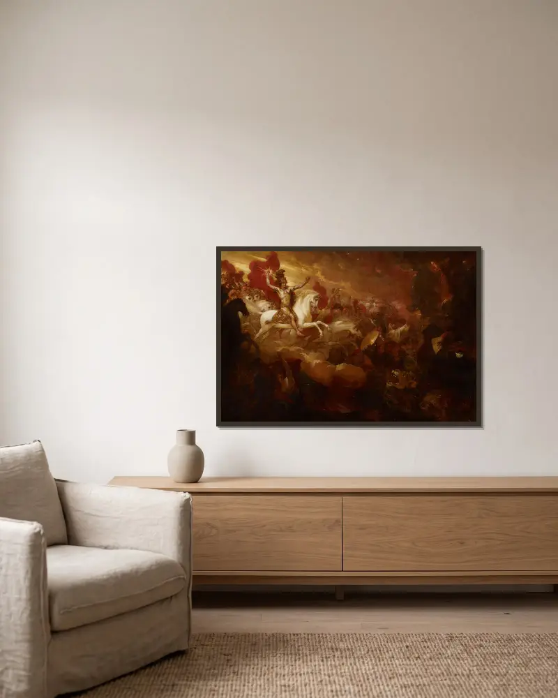 Die Zerstörung des Tieres und des falschen Propheten von Benjamin West gerahmt an einer Wand
