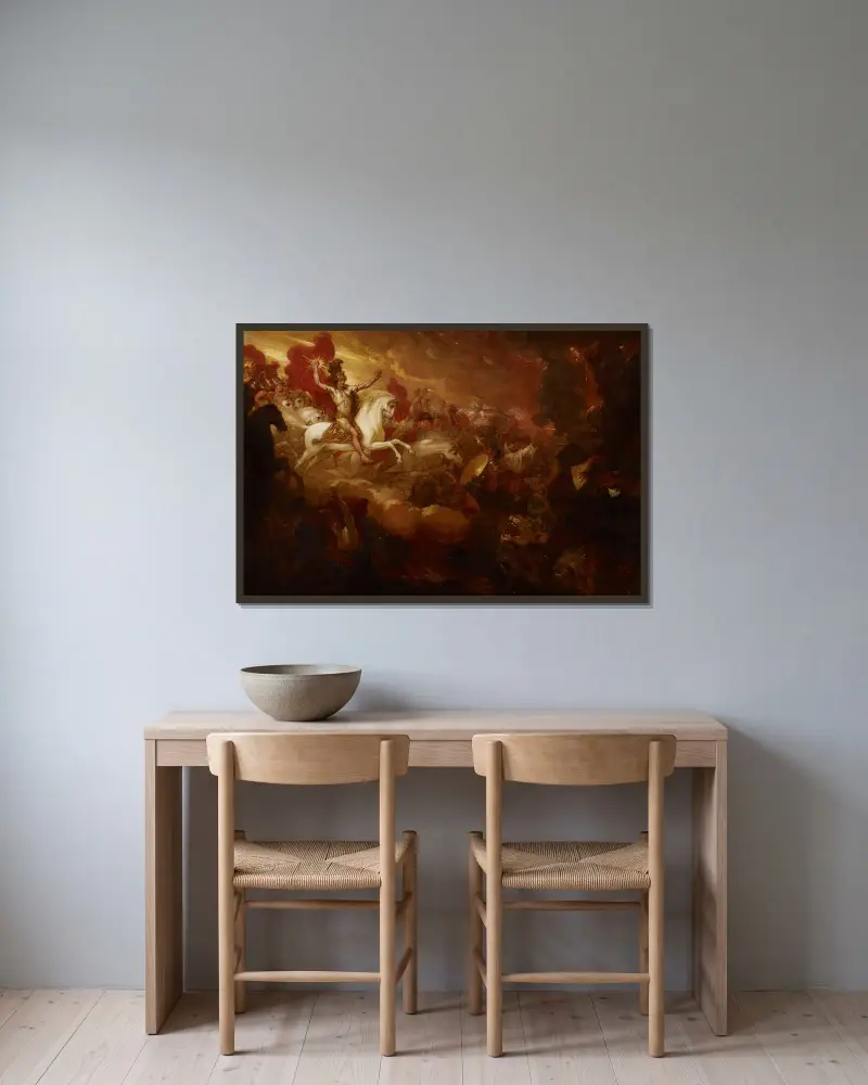 Die Zerstörung des Tieres und des falschen Propheten von Benjamin West gerahmt an einer Wand