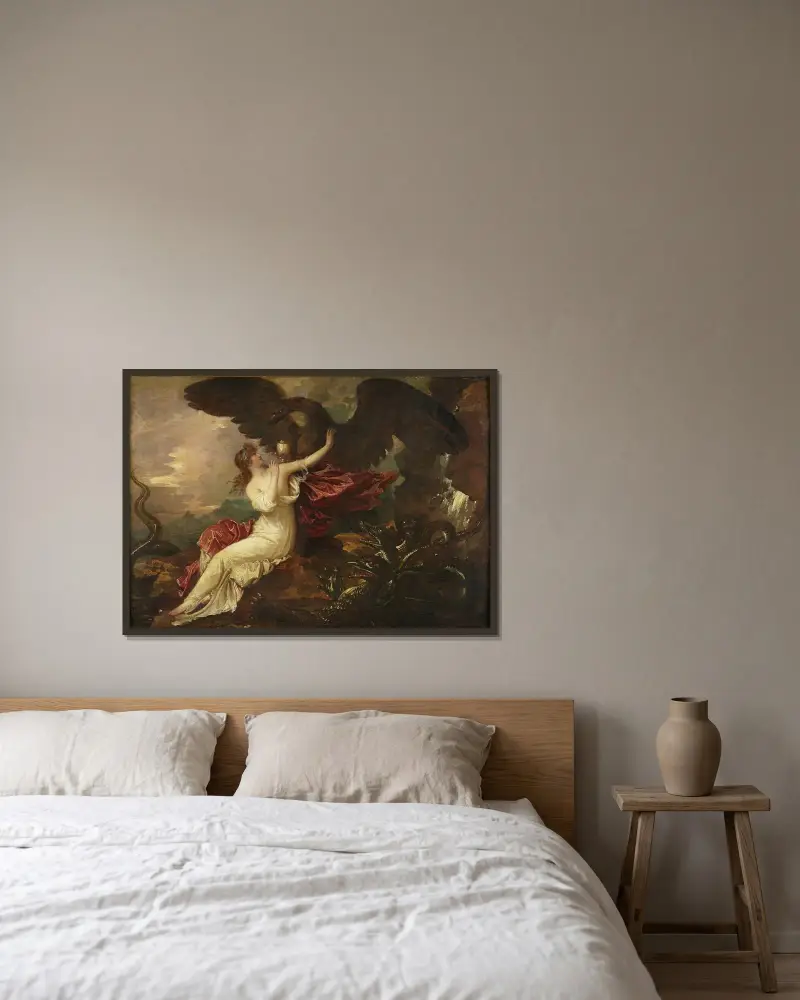 Örnen bär skålen till Psyche av Benjamin West inramad på en vägg