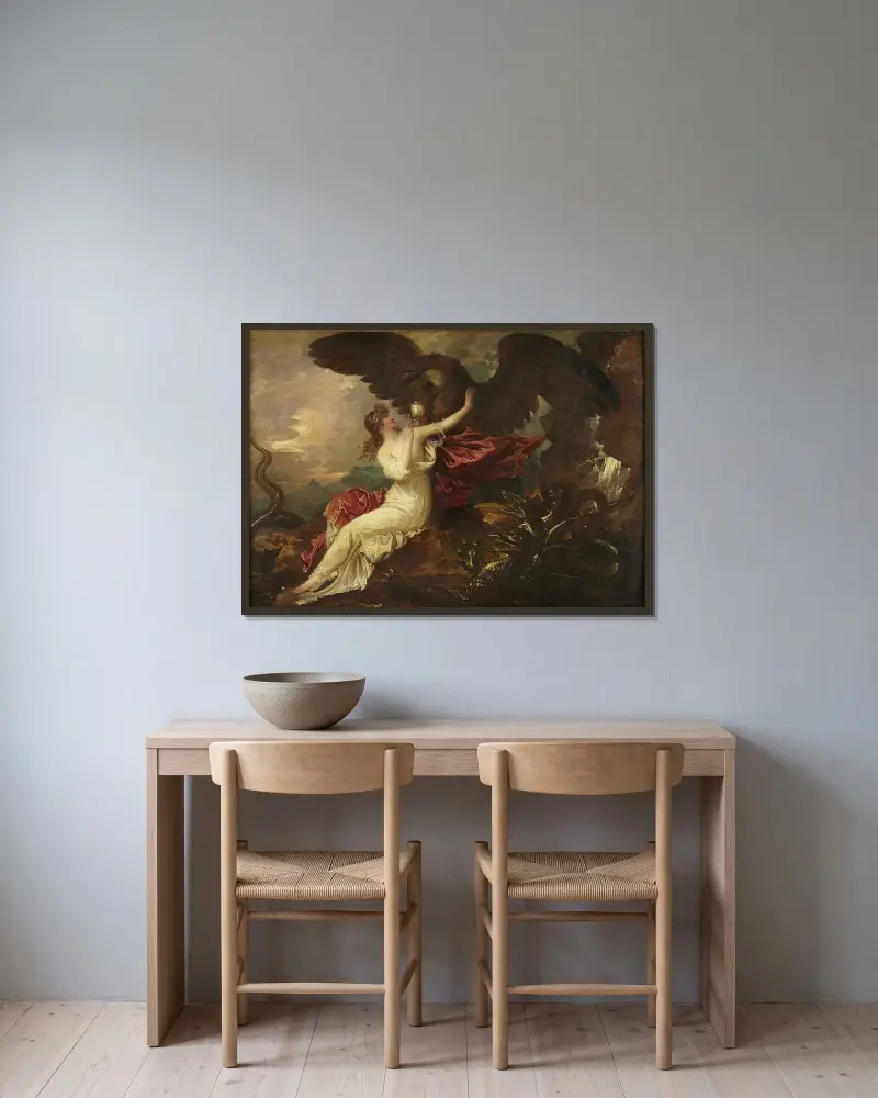Örnen bär skålen till Psyche av Benjamin West inramad på en vägg