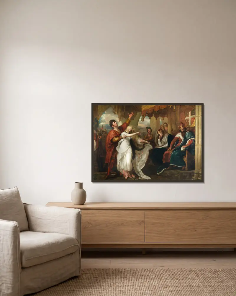 Hamlet; Akt IV, Szene V (Ophelia vor dem König und der Königin) von Benjamin West gerahmt an einer Wand