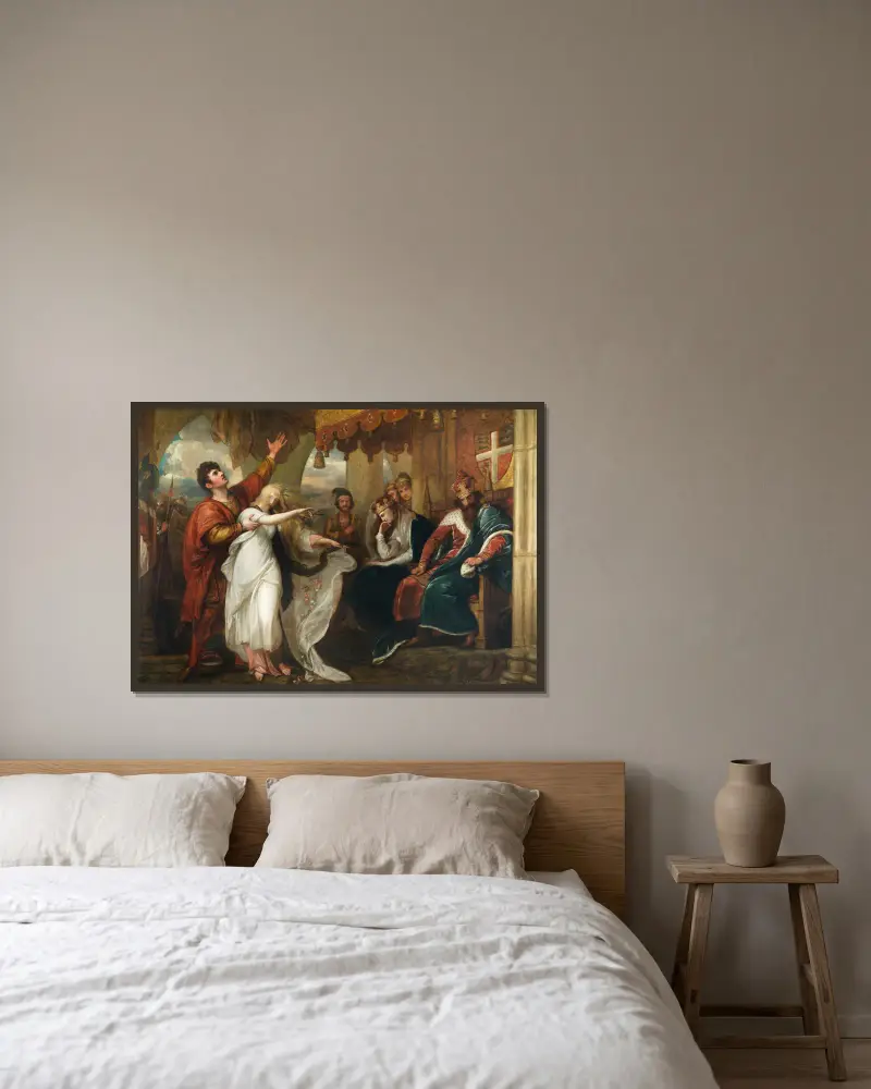 Hamlet; Akt IV, Szene V (Ophelia vor dem König und der Königin) von Benjamin West gerahmt an einer Wand