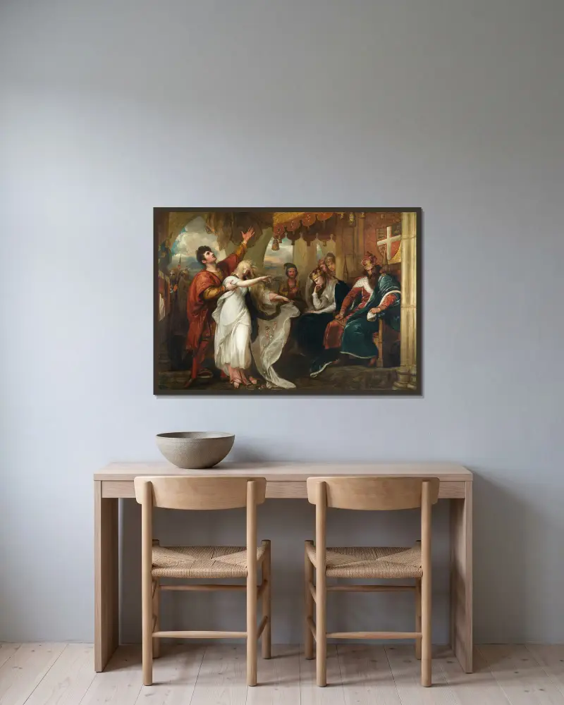 Hamlet; Akt IV, Szene V (Ophelia vor dem König und der Königin) von Benjamin West gerahmt an einer Wand