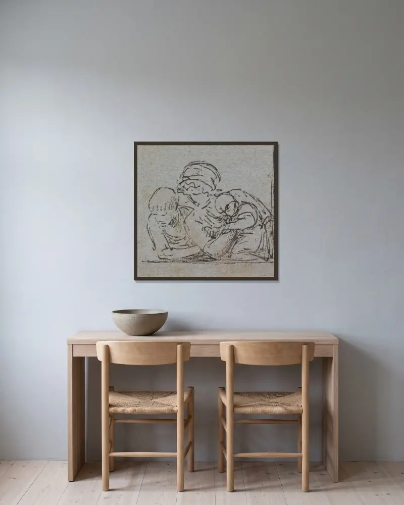 Mor och barn med ung pojke lutad mot fönsterbrädan av Benjamin West inramad på en vägg