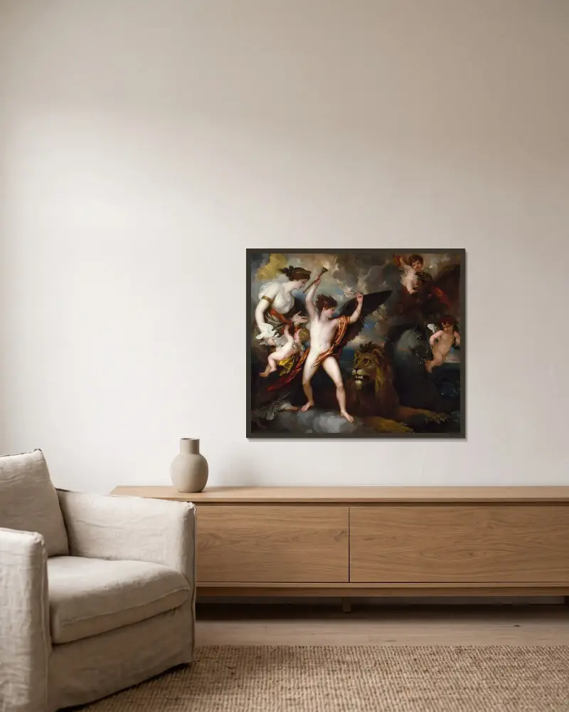 Omnia Vincit Amor, eller Kärlekens makt i de tre elementen av Benjamin West inramad på en vägg