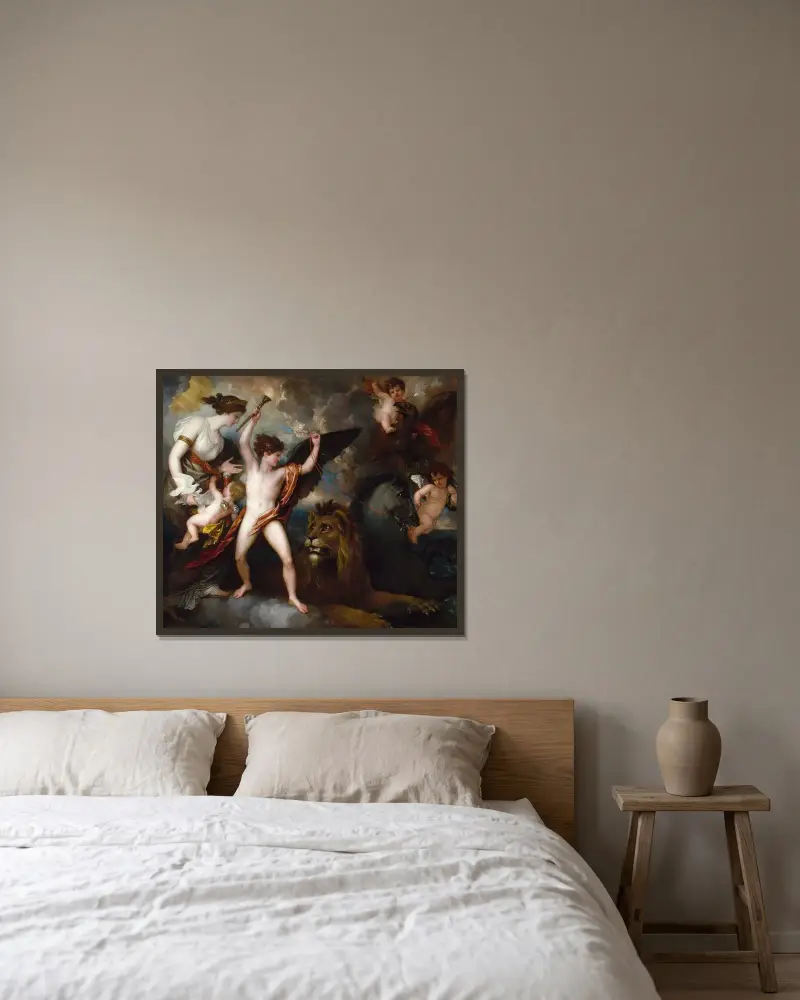 Omnia Vincit Amor, eller Kärlekens makt i de tre elementen av Benjamin West inramad på en vägg