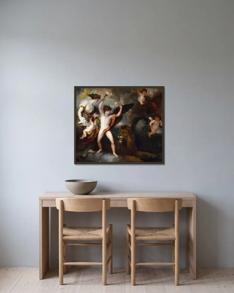 Omnia Vincit Amor, eller Kärlekens makt i de tre elementen av Benjamin West inramad på en vägg