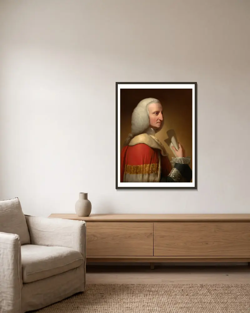Porträtt av George, förste lord Lyttelton av Benjamin West inramad på en vägg