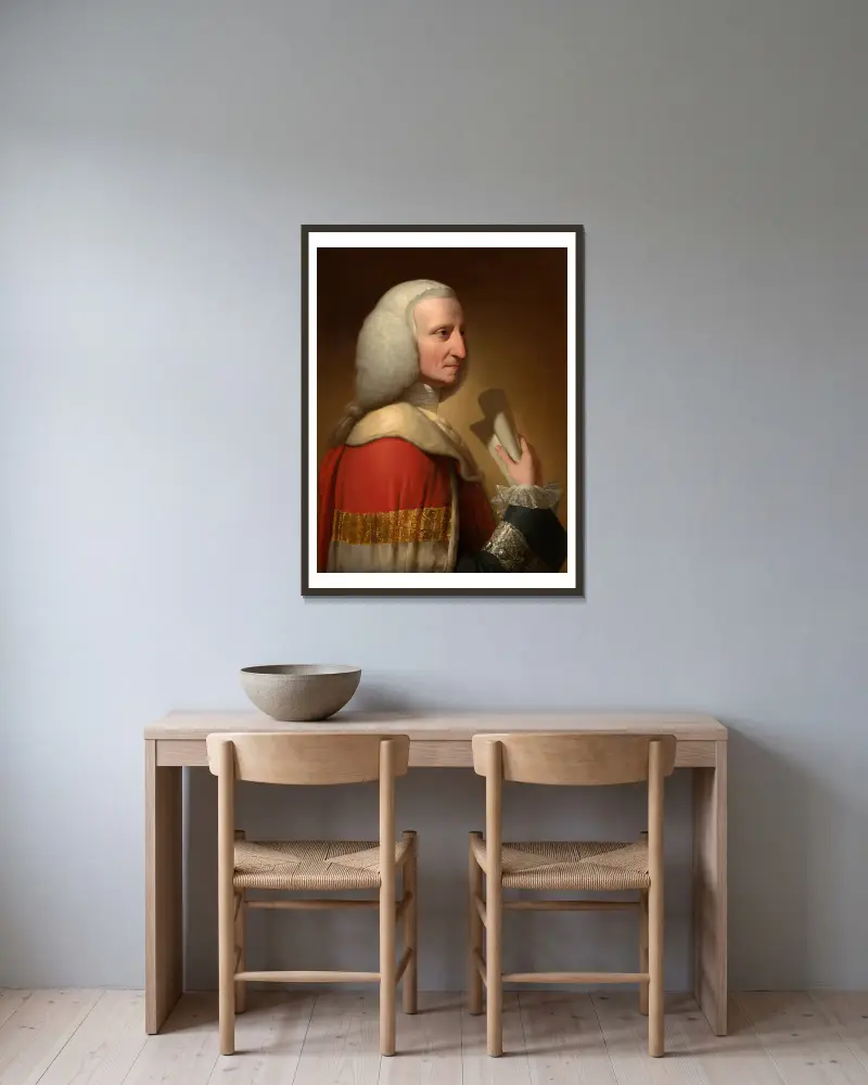 Porträtt av George, förste lord Lyttelton av Benjamin West inramad på en vägg