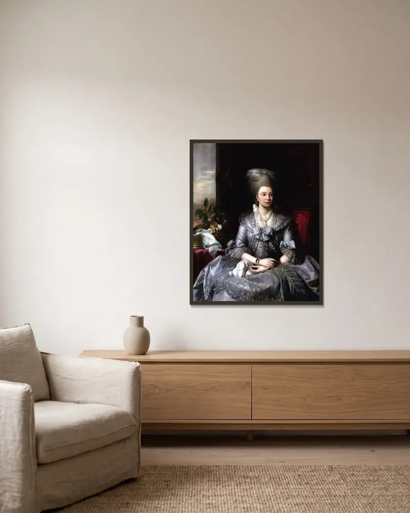 Porträtt av drottning Charlotte av Benjamin West inramad på en vägg