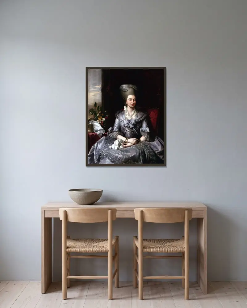 Porträtt av drottning Charlotte av Benjamin West inramad på en vägg