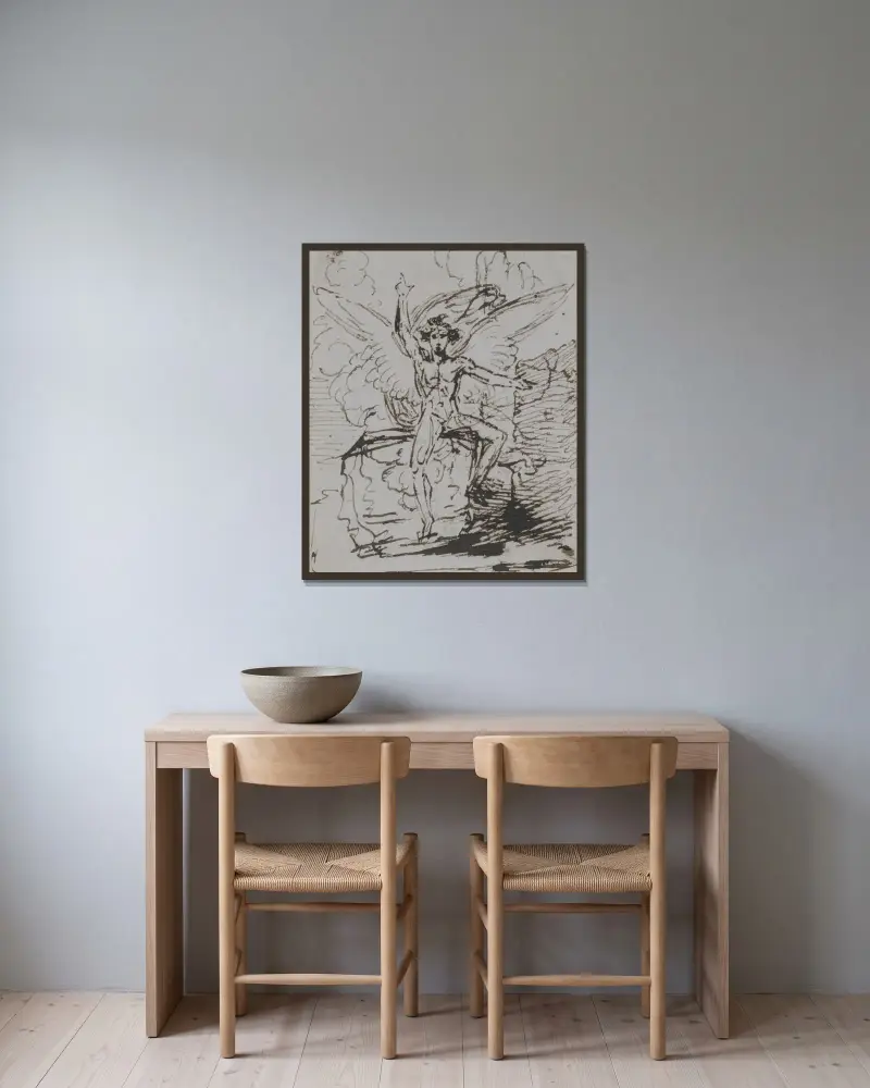 Ängeln vid Kristi grav av Benjamin West inramad på en vägg
