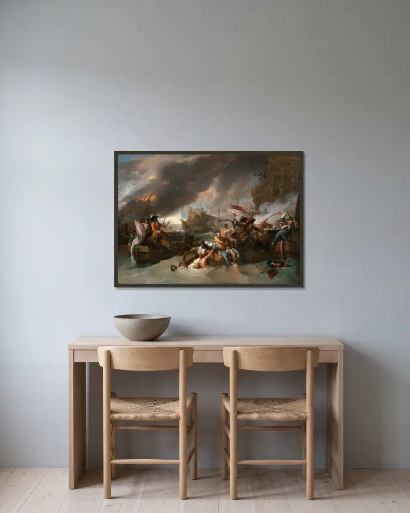 Slaget vid La Hogue av Benjamin West inramad på en vägg
