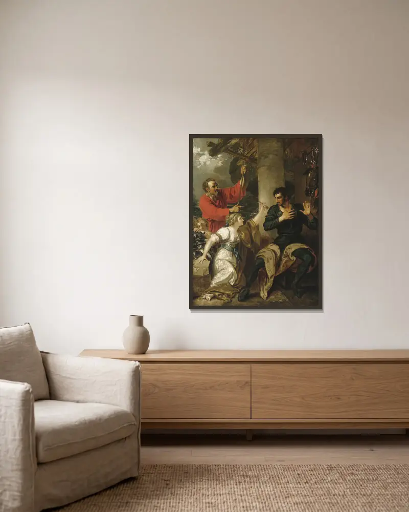 The Damsel and Orlando av Benjamin West inramad på en vägg