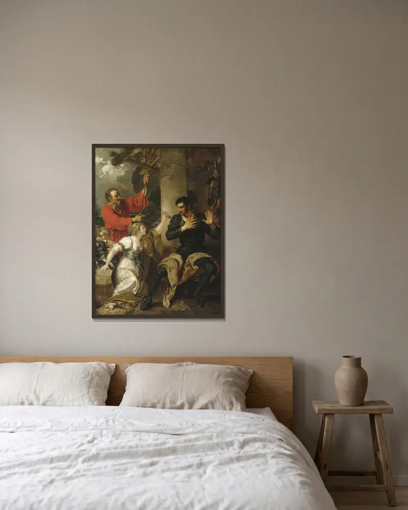 The Damsel and Orlando av Benjamin West inramad på en vägg