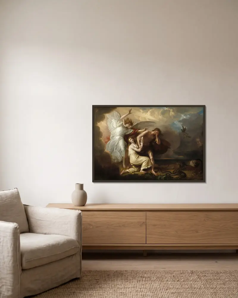 Adam och Evas fördrivning ur paradiset av Benjamin West inramad på en vägg