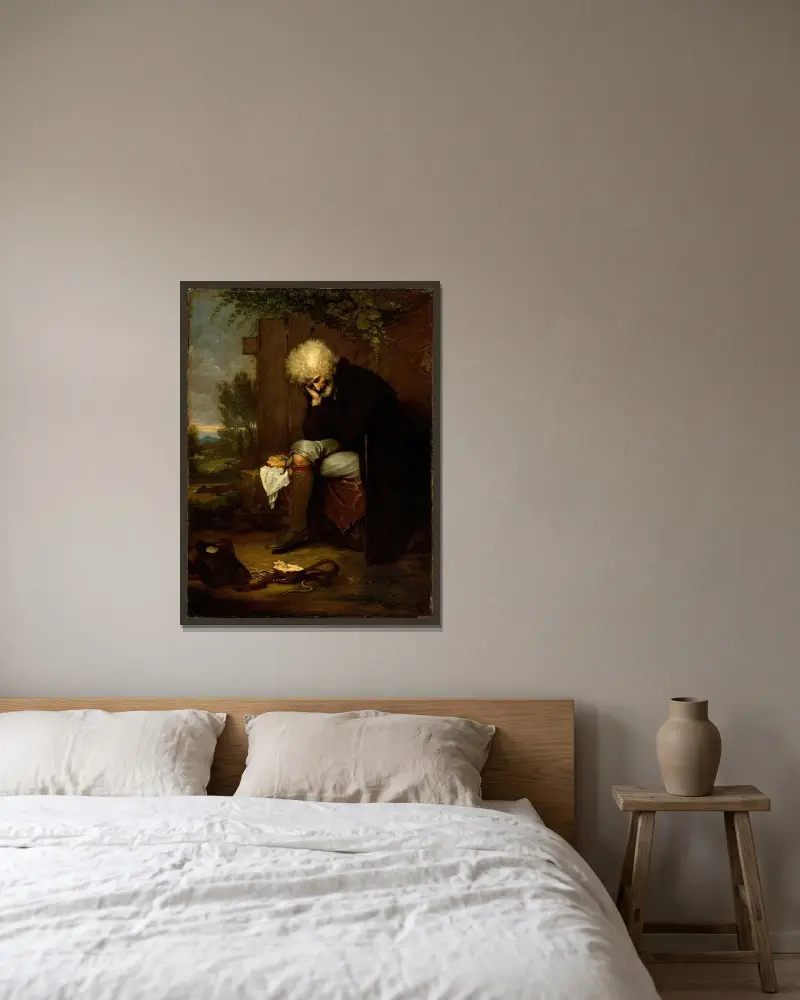 Pilgrimen som sörjer sin döda åsna av Benjamin West inramad på en vägg