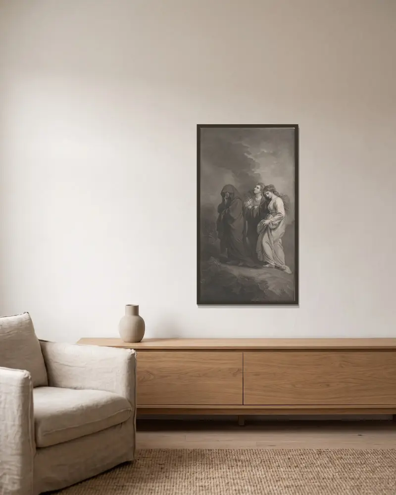De tre Mariorna på väg till graven av Benjamin West inramad på en vägg