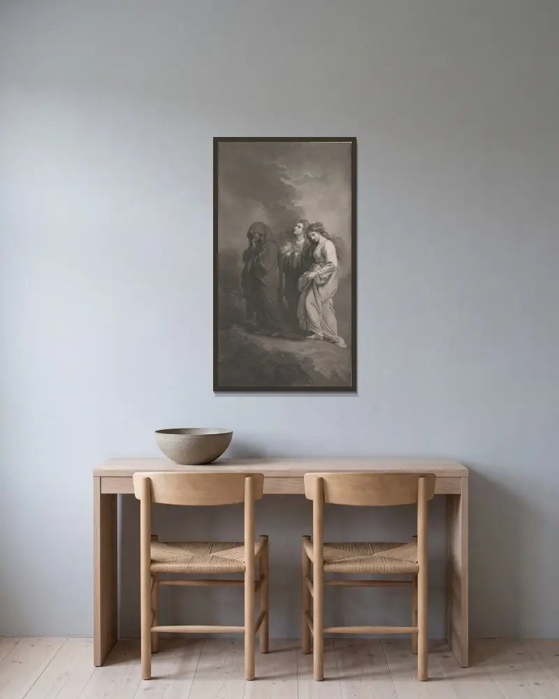 De tre Mariorna på väg till graven av Benjamin West inramad på en vägg