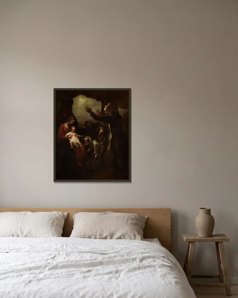 Konungarnas offergåvor av Benjamin West inramad på en vägg
