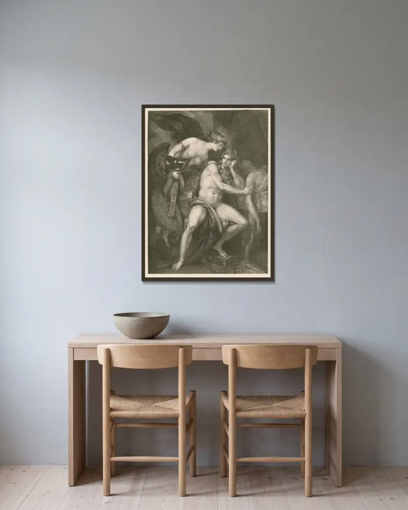 Thetis överlämnar rustningen till Akilles av Benjamin West inramad på en vägg