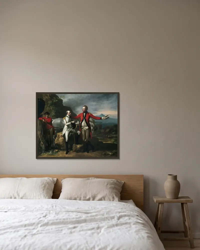 Två officerare och en groom i ett landskap av Benjamin West inramad på en vägg