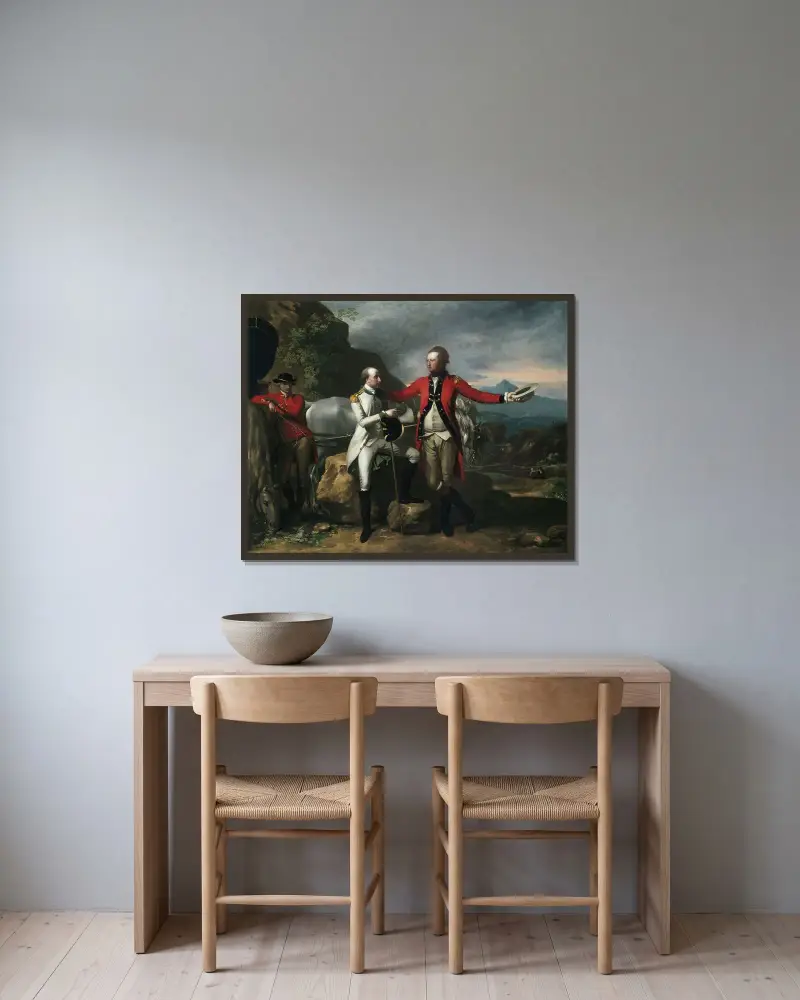 Två officerare och en groom i ett landskap av Benjamin West inramad på en vägg