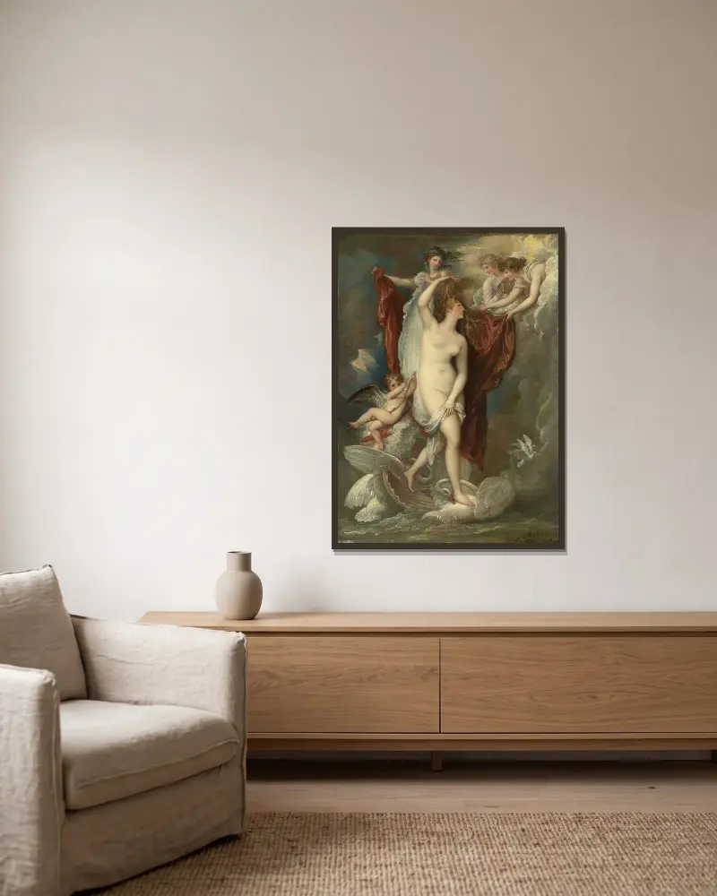 Venus vid sin födelse klädd av de tre gracerna av Benjamin West inramad på en vägg