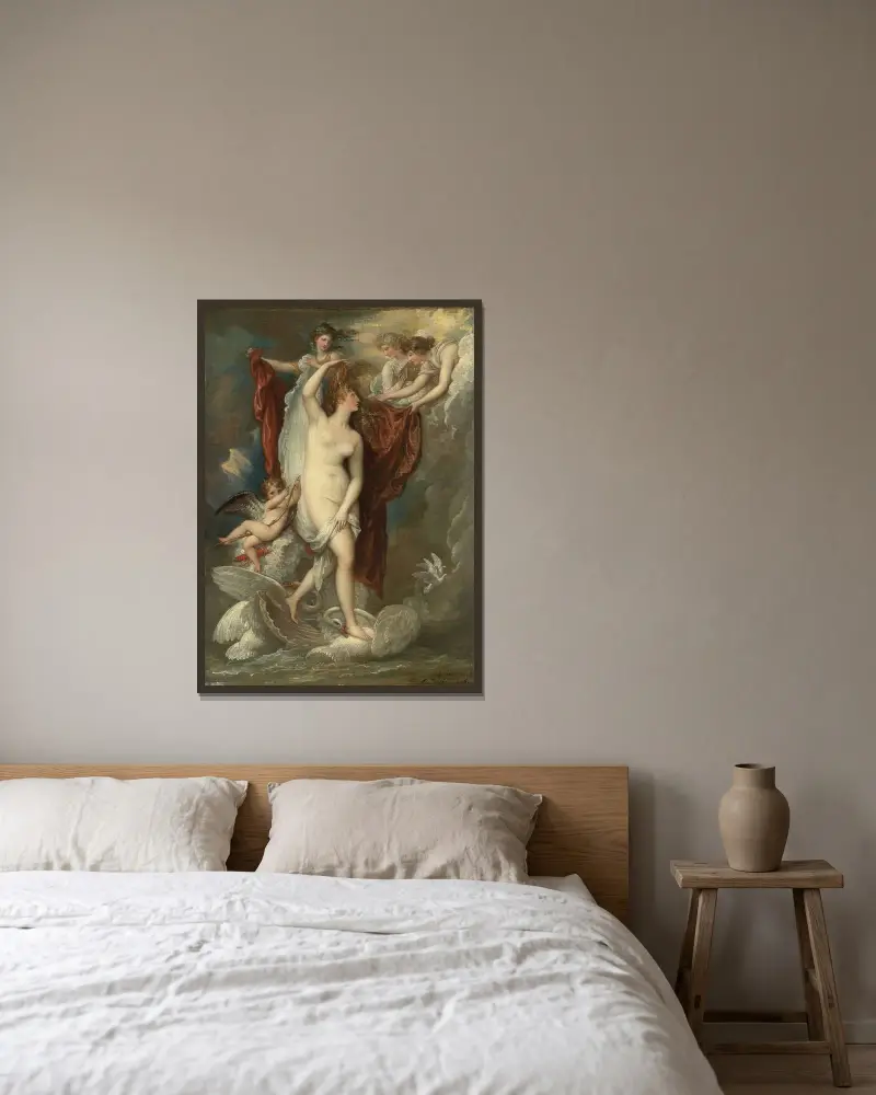Venus vid sin födelse klädd av de tre gracerna av Benjamin West inramad på en vägg