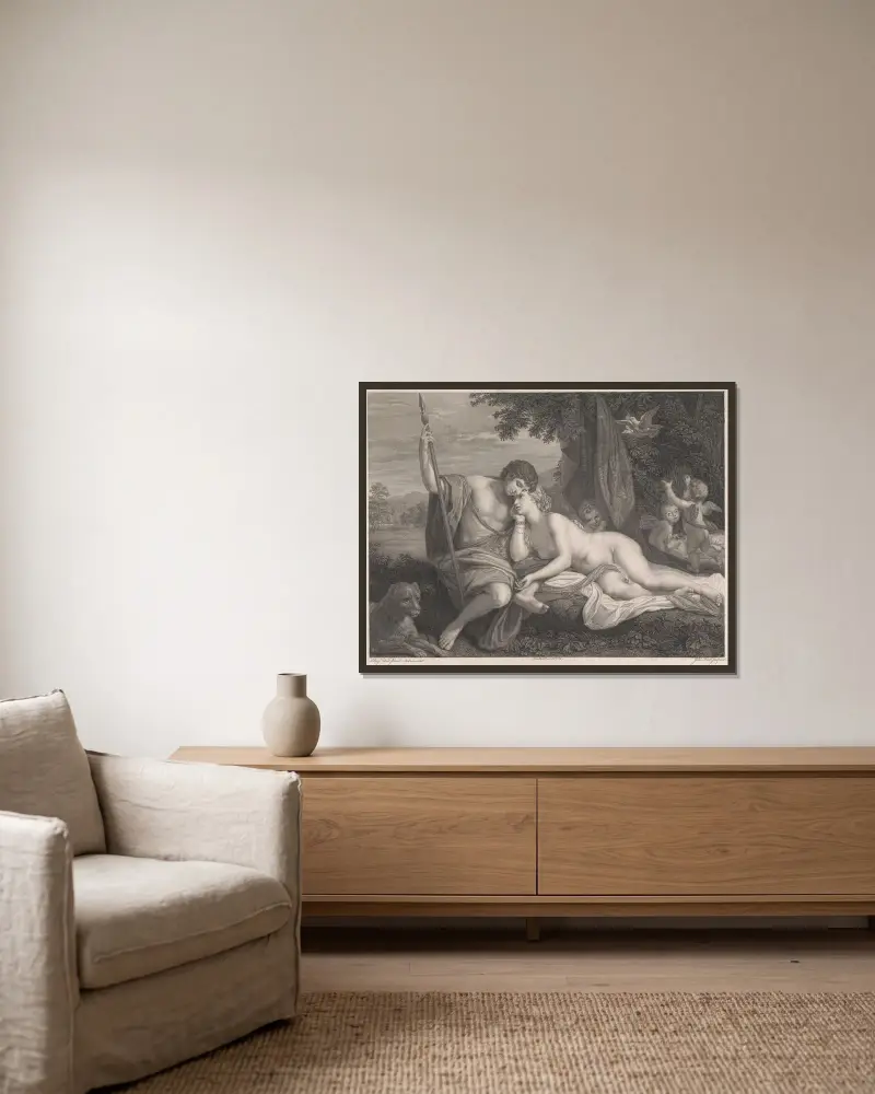 Venus berättar för Adonis om Hippomenes och Atalanta av Benjamin West inramad på en vägg