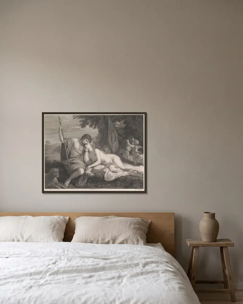 Venus berättar för Adonis om Hippomenes och Atalanta av Benjamin West inramad på en vägg