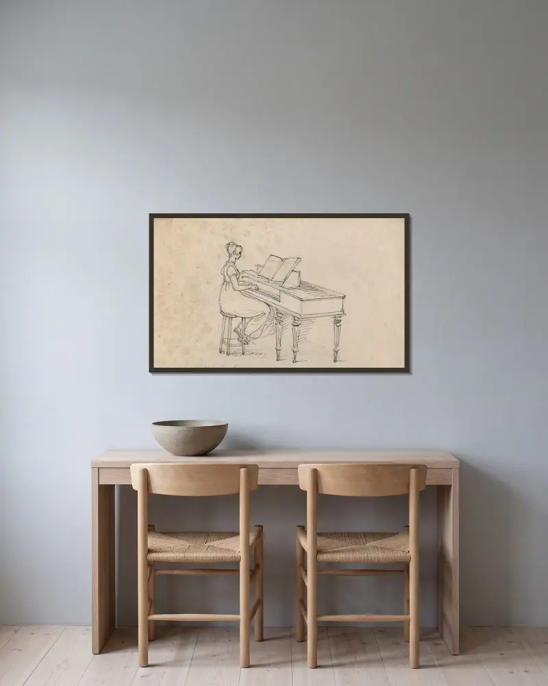 Kvinna vid ett fyrkantigt piano av Benjamin West inramad på en vägg
