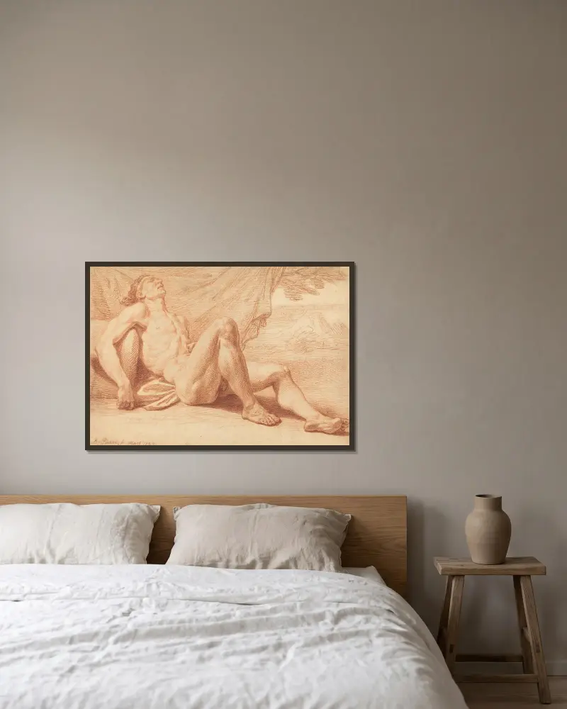A Reclining Male Nude av Bernard Picart inramad på en vägg